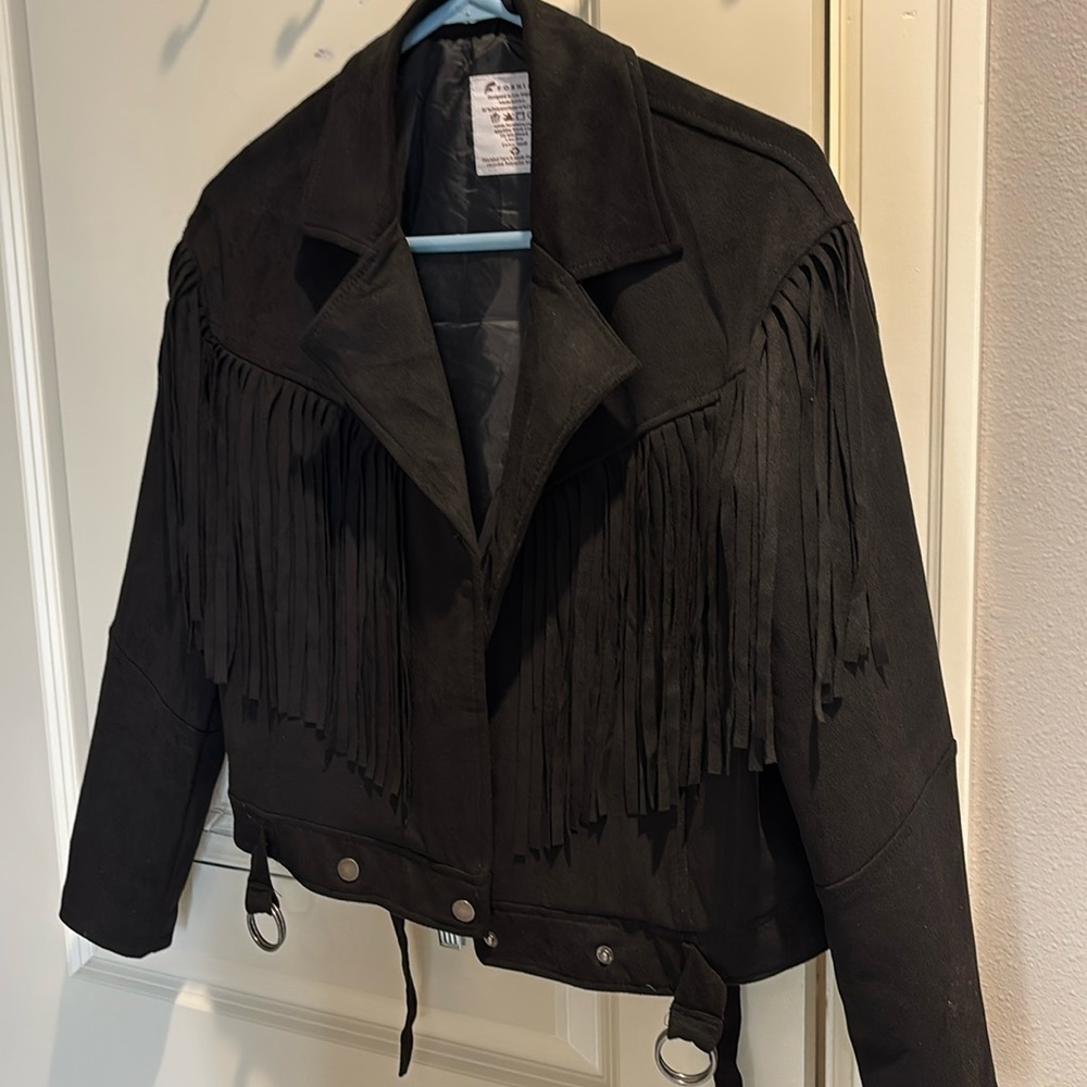 EUC fornia black faux suede XS fringe jacket